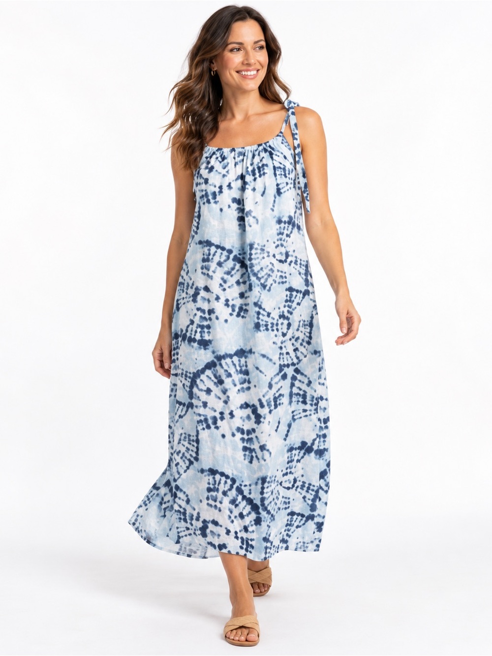 Bellambra Blue White Tie Dye Halter Maxi Dress Bohemian Women’s Linen Small